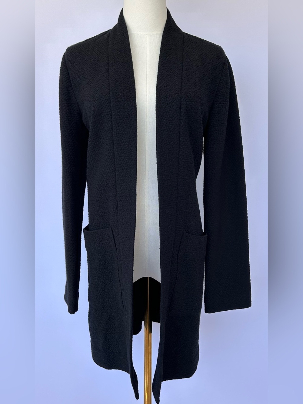 Eileen Fisher Women’s Black Open-Front Textured Cardigan Side Pockets Size XS